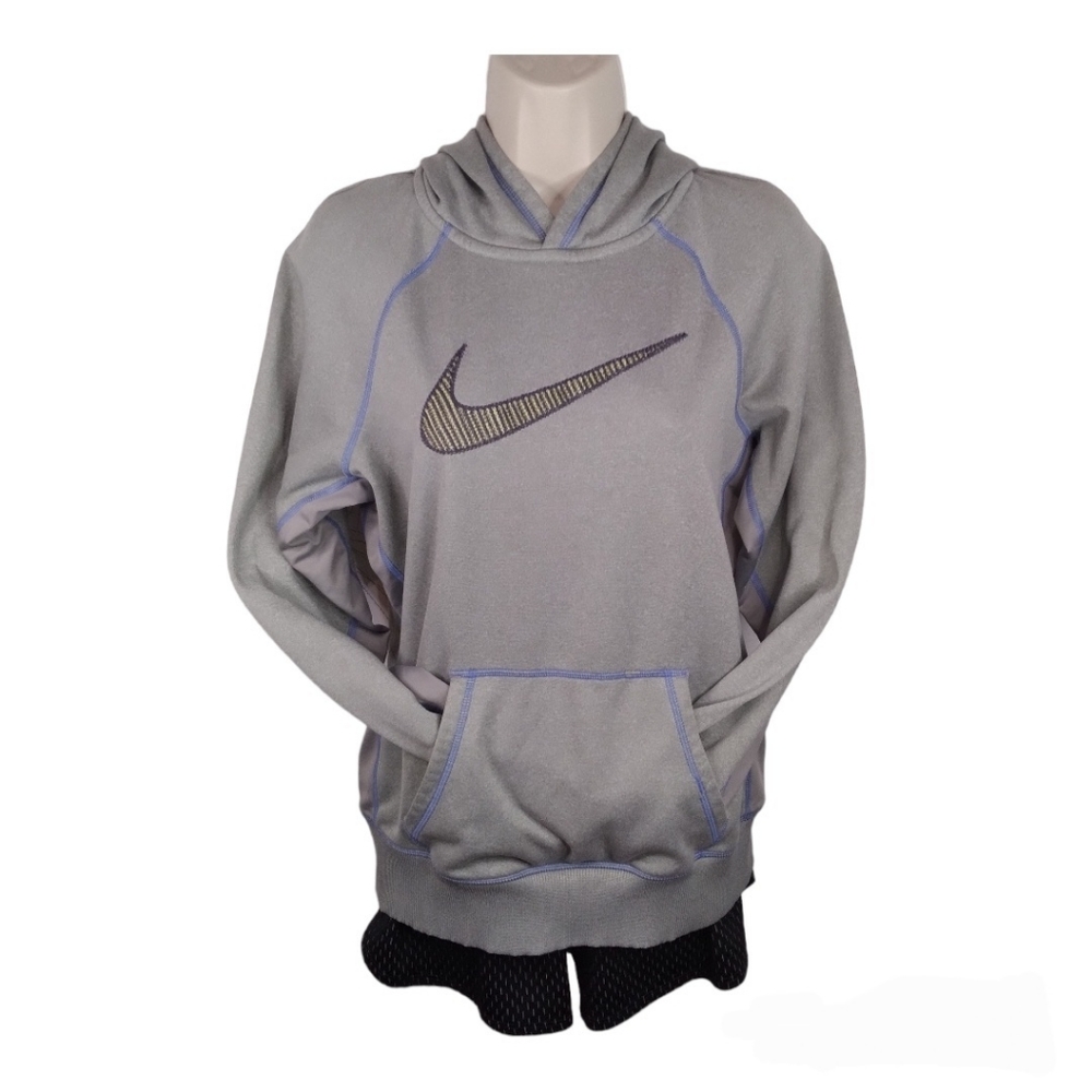 Nike Women's Swoosh Out Hoodie #516975-063 Gray/Blue & Yellow Logo Size M